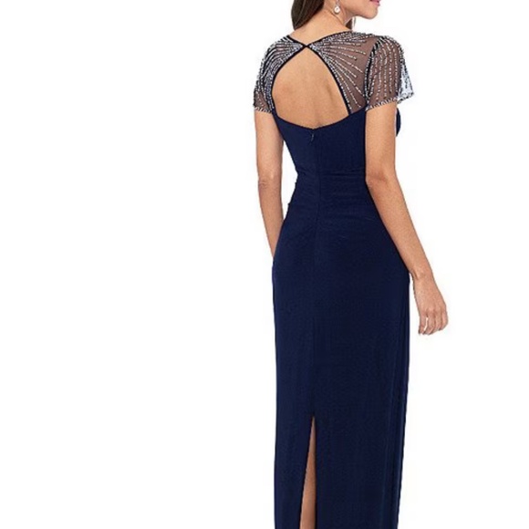 Betsy & Adam Square Neck Short Beaded Sleeve Open Back Gown Navy Dress Size 6 - Picture 1 of 15